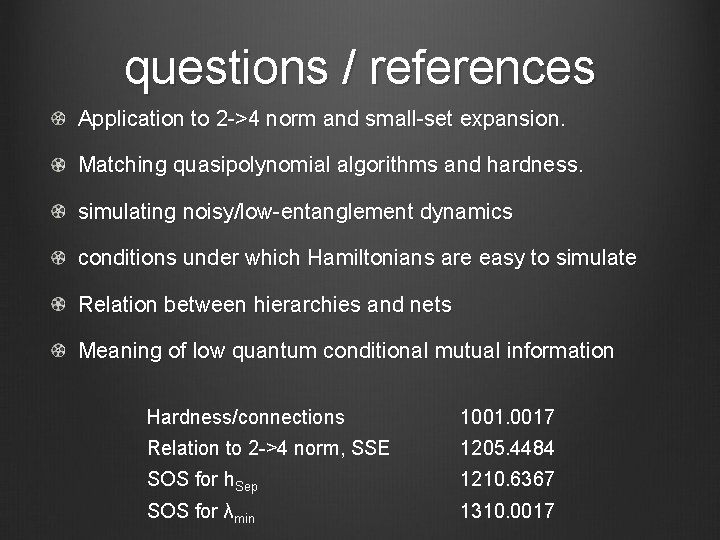 questions / references Application to 2 ->4 norm and small-set expansion. Matching quasipolynomial algorithms