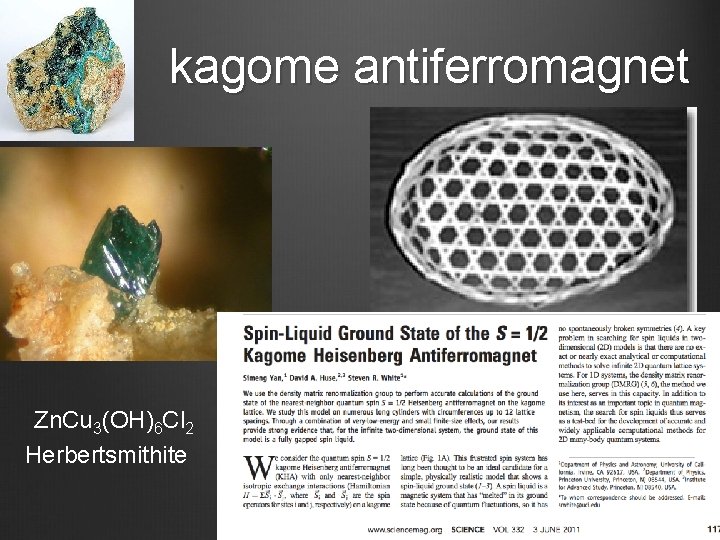 kagome antiferromagnet Zn. Cu 3(OH)6 Cl 2 Herbertsmithite 