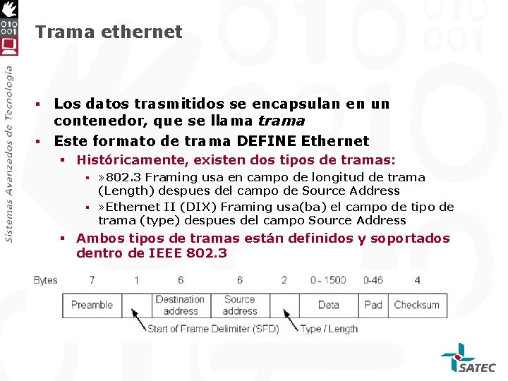 Trama ethernet Los datos trasmitidos se encapsulan en un contenedor, que se llama trama