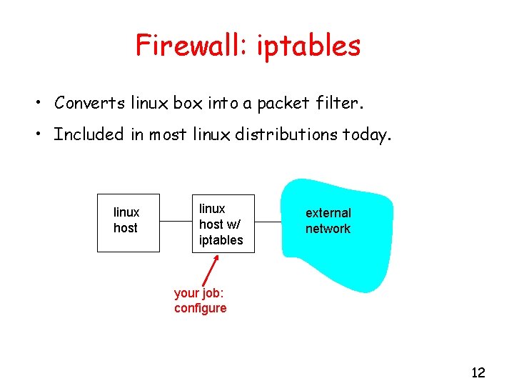 Firewall: iptables • Converts linux box into a packet filter. • Included in most