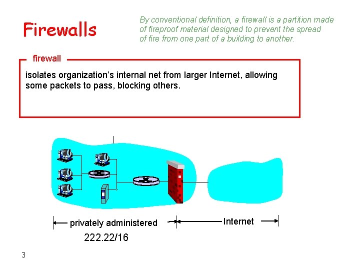 Firewalls By conventional definition, a firewall is a partition made of fireproof material designed