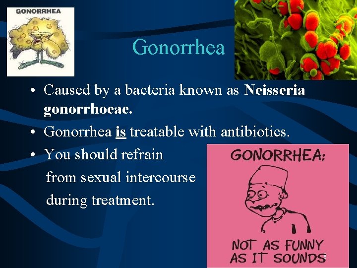 Gonorrhea • Caused by a bacteria known as Neisseria gonorrhoeae. • Gonorrhea is treatable