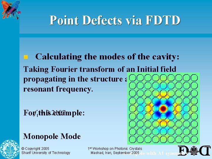 Point Defects via FDTD n Calculating the modes of the cavity: Taking Fourier transform