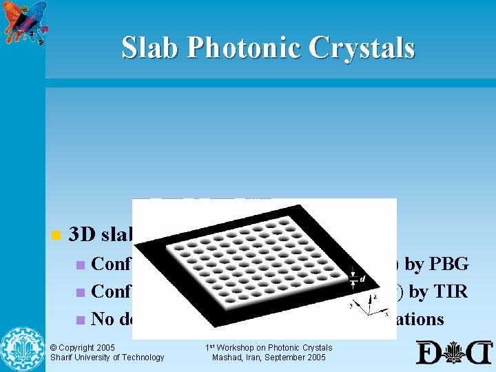 Slab Photonic Crystals n 3 D slab photonic crystal slabs: Confinement in the plane