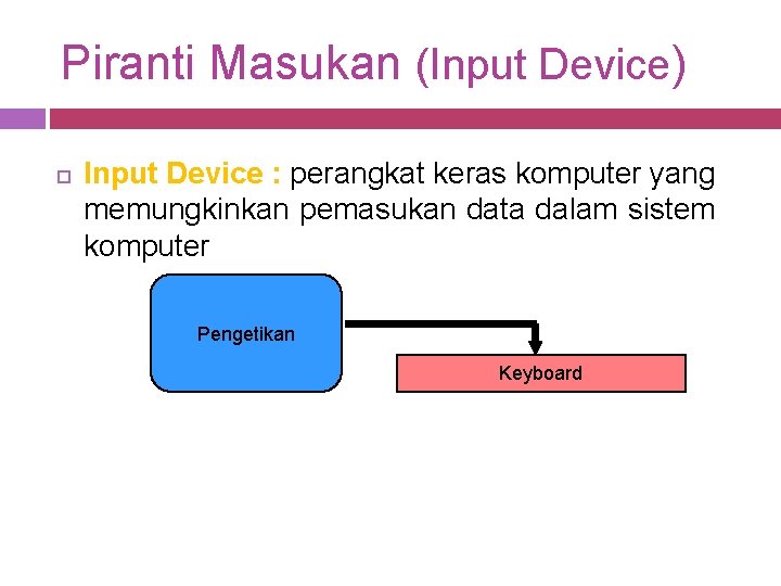 Piranti Masukan (Input Device) Input Device : perangkat keras komputer yang memungkinkan pemasukan data