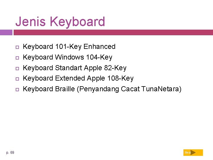 Jenis Keyboard p. 69 Keyboard 101 -Key Enhanced Keyboard Windows 104 -Key Keyboard Standart