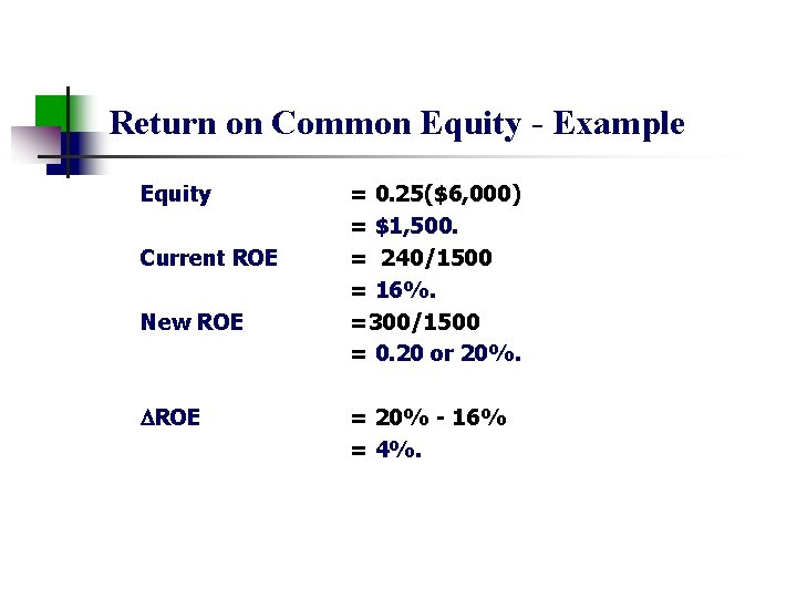 Return on Common Equity - Example Equity Current ROE New ROE = 0. 25($6,