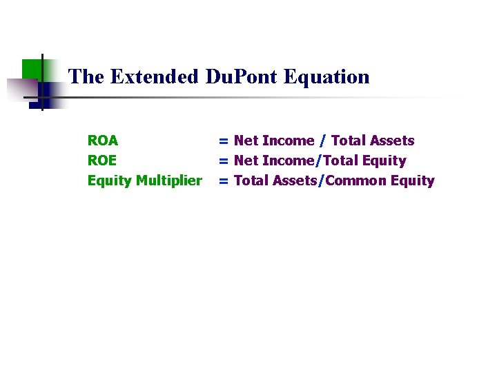 The Extended Du. Pont Equation ROA ROE Equity Multiplier = Net Income / Total