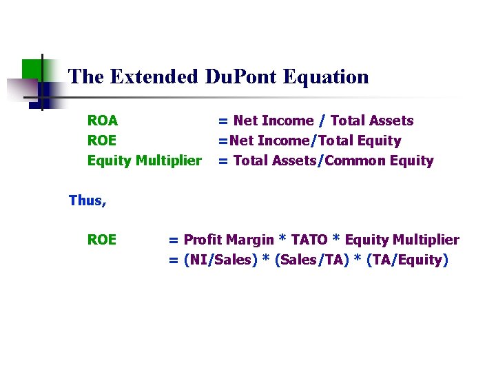 The Extended Du. Pont Equation ROA ROE Equity Multiplier = Net Income / Total