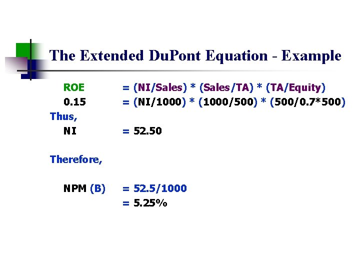 The Extended Du. Pont Equation - Example ROE 0. 15 Thus, NI = (NI/Sales)