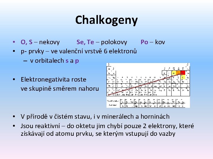 Chalkogeny • O, S – nekovy Se, Te – polokovy Po – kov •