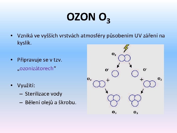 OZON O 3 • Vzniká ve vyšších vrstvách atmosféry působením UV záření na kyslík.