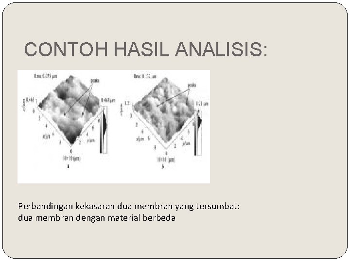 CONTOH HASIL ANALISIS: Perbandingan kekasaran dua membran yang tersumbat: dua membran dengan material berbeda