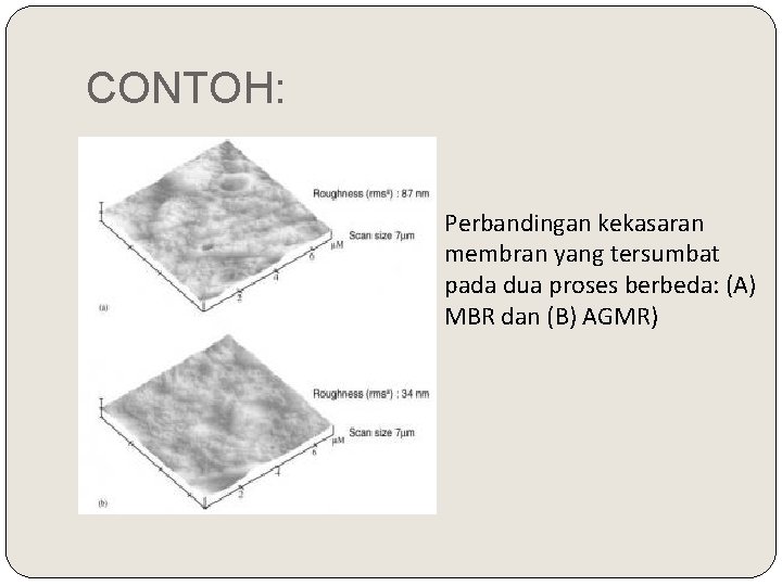 CONTOH: Perbandingan kekasaran membran yang tersumbat pada dua proses berbeda: (A) MBR dan (B)