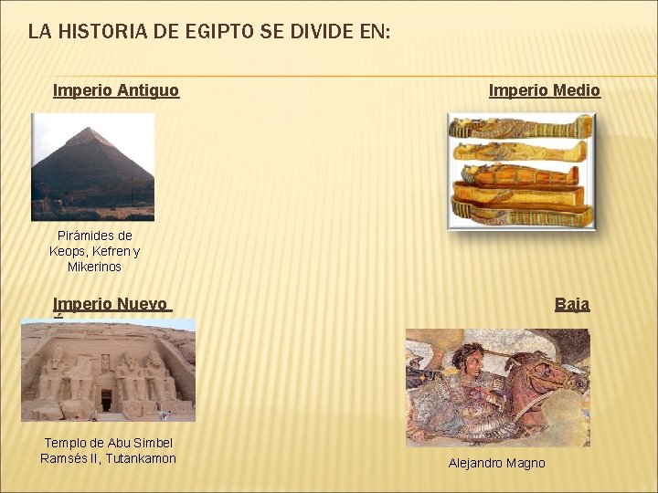 LA HISTORIA DE EGIPTO SE DIVIDE EN: Imperio Antiguo Imperio Medio Pirámides de Keops,