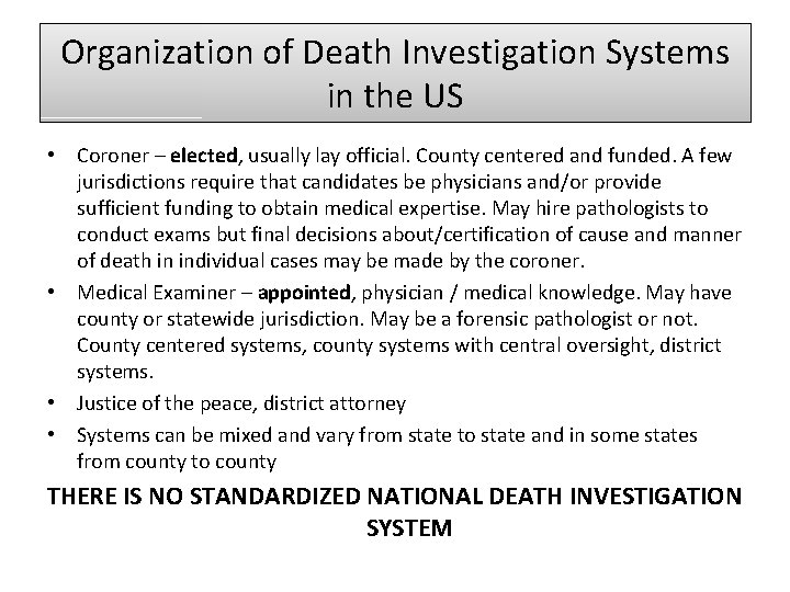 Organization of Death Investigation Systems in the US • Coroner – elected, usually lay