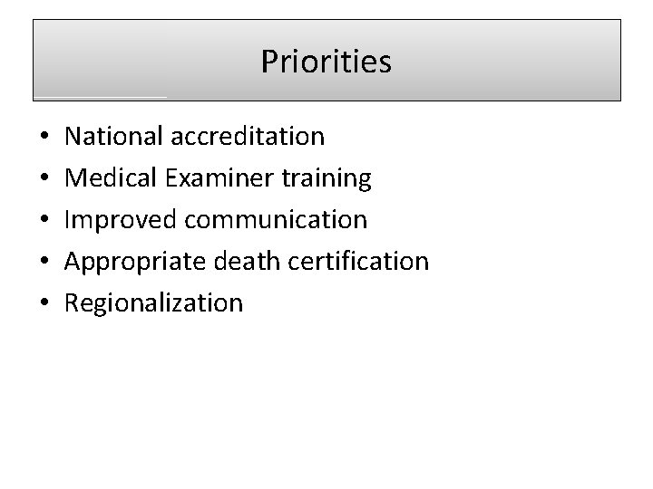 Priorities • • • National accreditation Medical Examiner training Improved communication Appropriate death certification