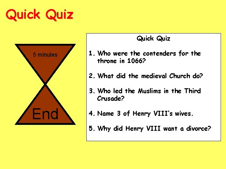 Quick Quiz 5 minutes 1. Who were the contenders for the throne in 1066?