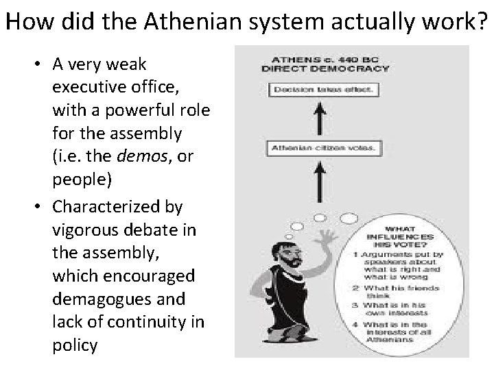 How did the Athenian system actually work? • A very weak executive office, with