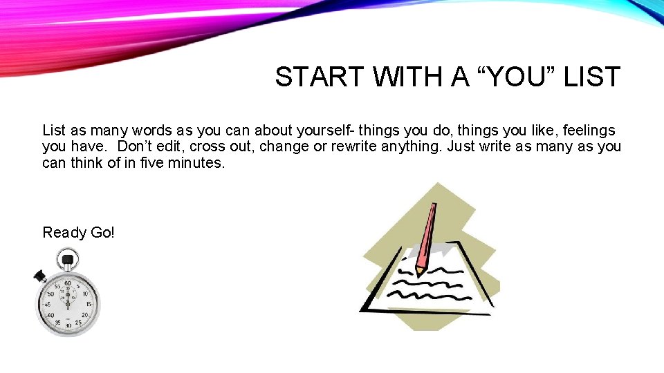 START WITH A “YOU” LIST List as many words as you can about yourself-