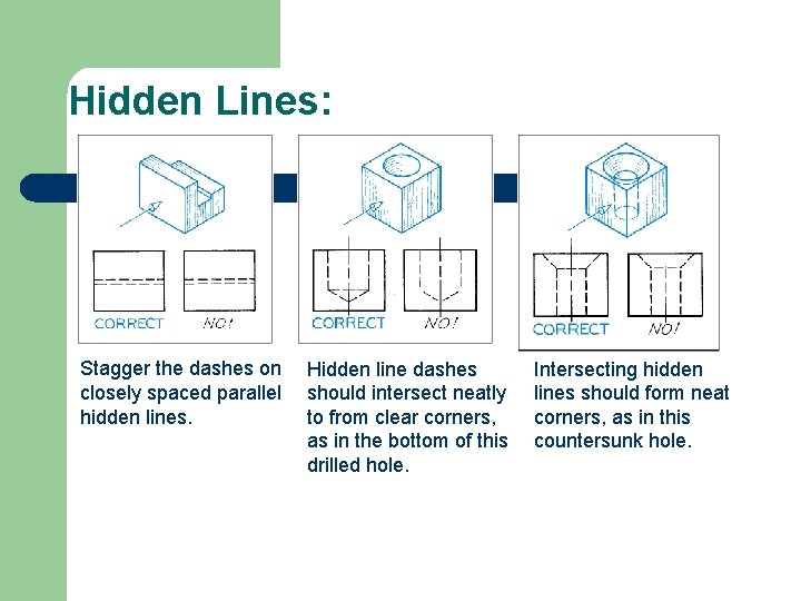 Hidden Lines: Stagger the dashes on closely spaced parallel hidden lines. Hidden line dashes