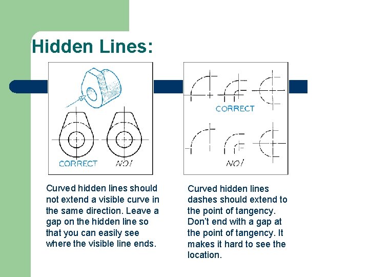 Hidden Lines: Curved hidden lines should not extend a visible curve in the same