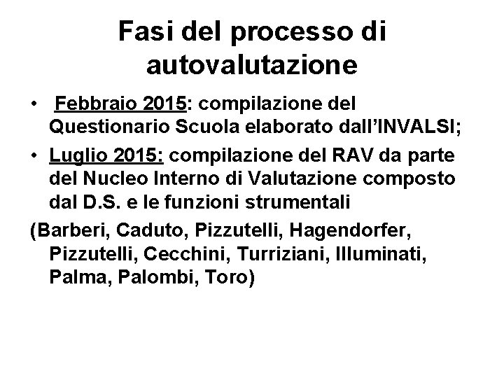 Fasi del processo di autovalutazione • Febbraio 2015: compilazione del Questionario Scuola elaborato dall’INVALSI;