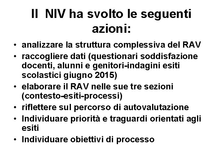 Il NIV ha svolto le seguenti azioni: • analizzare la struttura complessiva del RAV