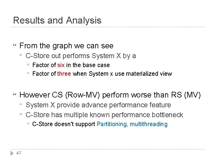 Results and Analysis From the graph we can see C-Store out performs System X
