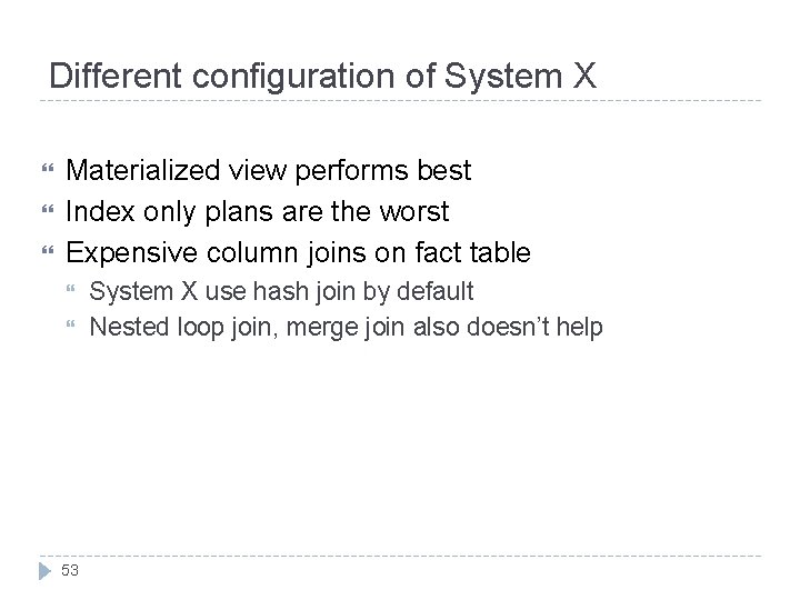 Different configuration of System X Materialized view performs best Index only plans are the