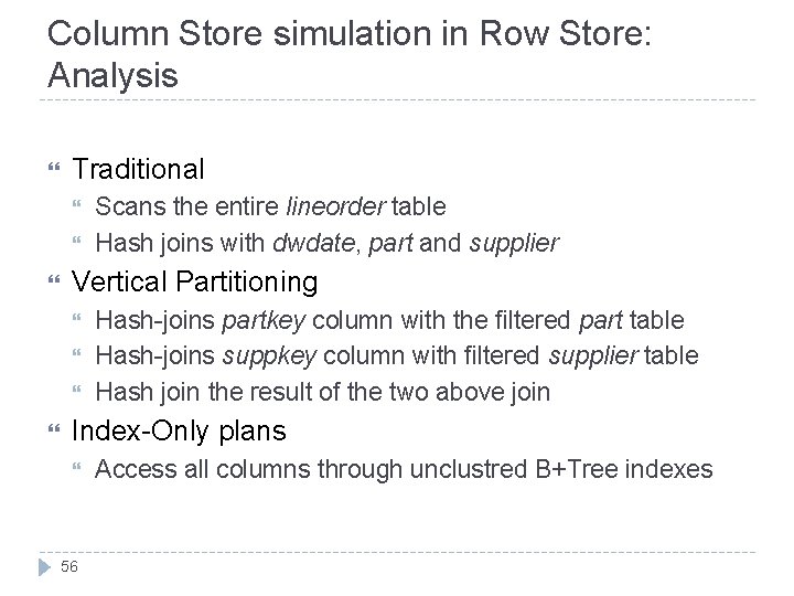 Column Store simulation in Row Store: Analysis Traditional Vertical Partitioning Scans the entire lineorder