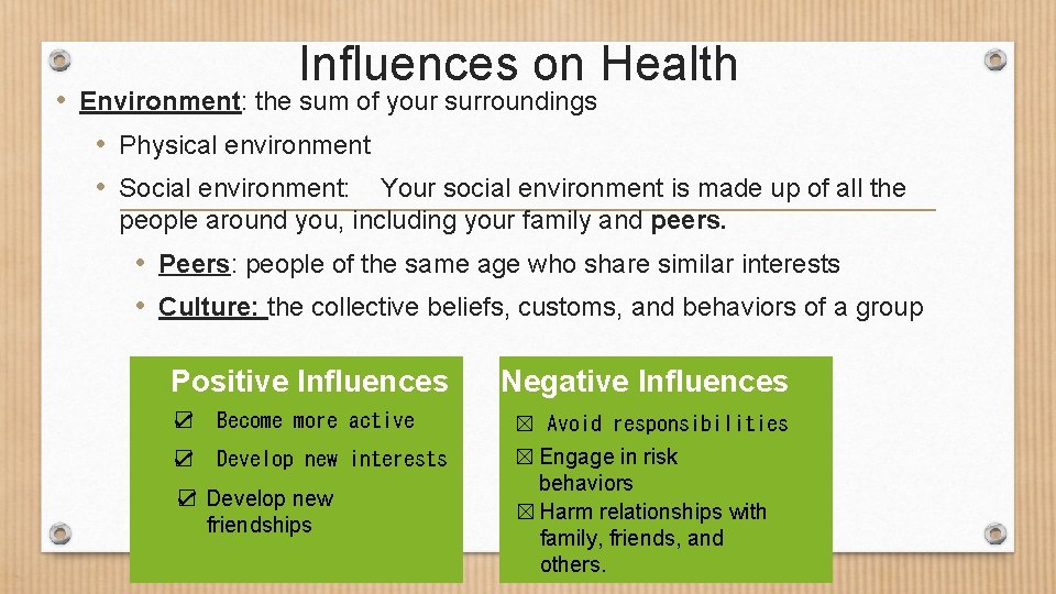 Influences on Health • Environment: the sum of your surroundings • Physical environment • Influences on Health • Environment: the sum of your surroundings • Physical environment •
