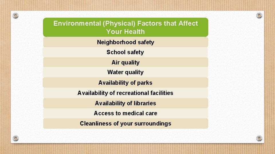 Environmental (Physical) Factors that Affect Your Health Neighborhood safety School safety Air quality Water Environmental (Physical) Factors that Affect Your Health Neighborhood safety School safety Air quality Water
