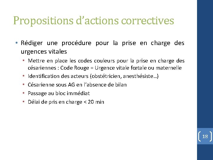 Propositions d’actions correctives • Rédiger une procédure pour la prise en charge des urgences