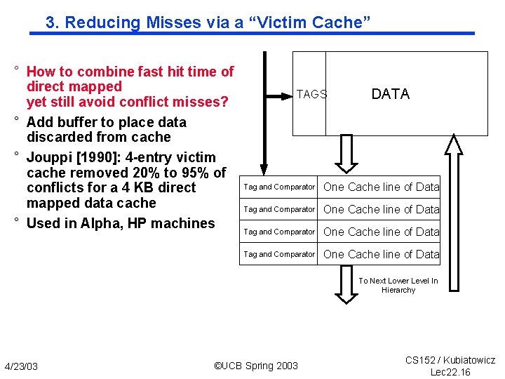 3. Reducing Misses via a “Victim Cache” ° How to combine fast hit time
