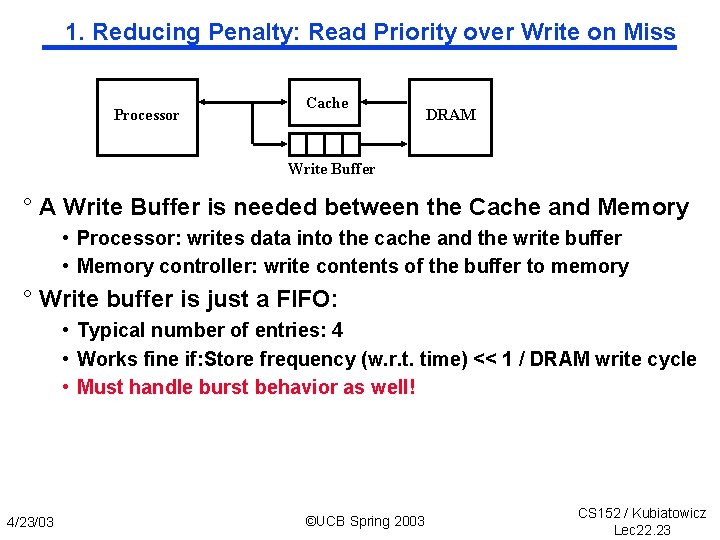 1. Reducing Penalty: Read Priority over Write on Miss Processor Cache DRAM Write Buffer