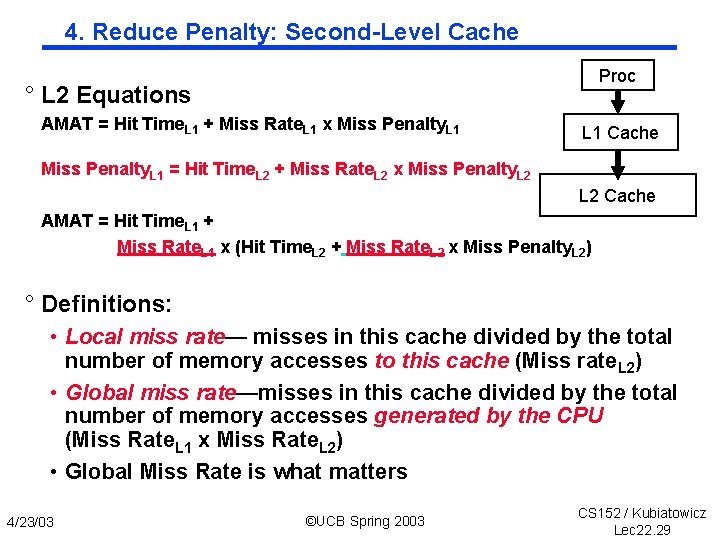 4. Reduce Penalty: Second Level Cache Proc ° L 2 Equations AMAT = Hit