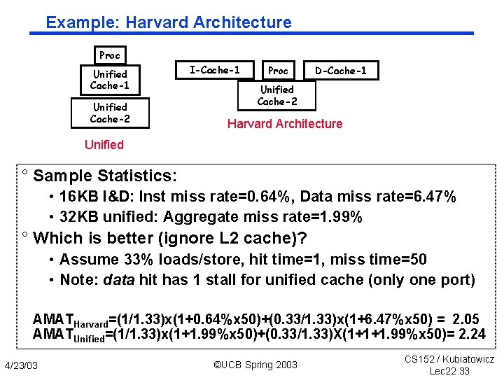 Example: Harvard Architecture Proc Unified Cache-1 Unified Cache-2 I-Cache-1 Proc D-Cache-1 Unified Cache-2 Harvard