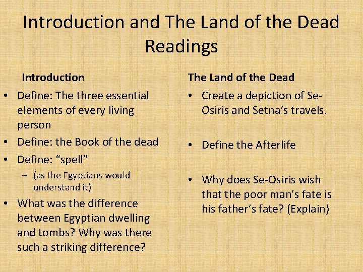 Introduction and The Land of the Dead Readings Introduction • Define: The three essential