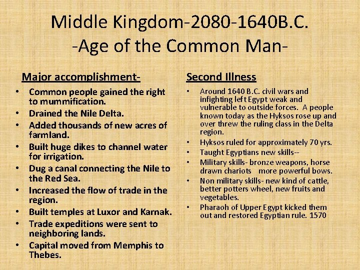 Middle Kingdom-2080 -1640 B. C. -Age of the Common Man. Major accomplishment • Common