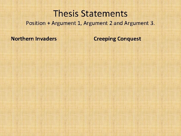 Thesis Statements Position + Argument 1, Argument 2 and Argument 3. Northern Invaders Creeping