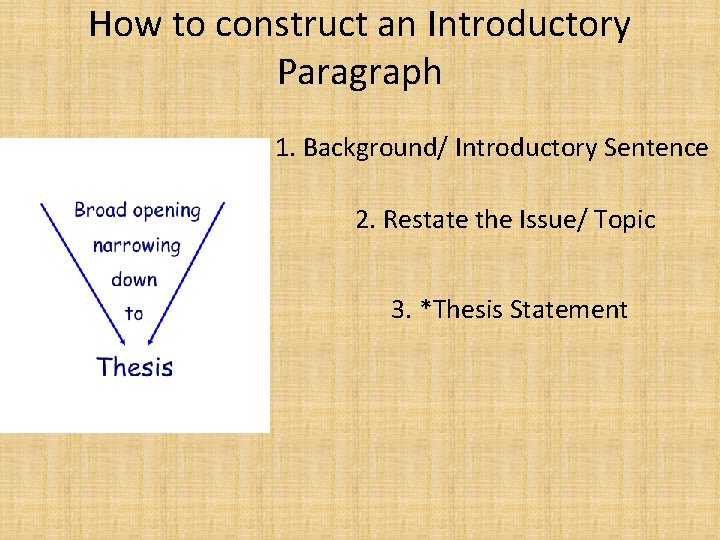 How to construct an Introductory Paragraph 1. Background/ Introductory Sentence 2. Restate the Issue/