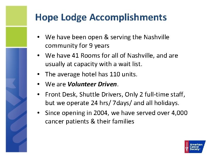 Hope Lodge Accomplishments • We have been open & serving the Nashville community for