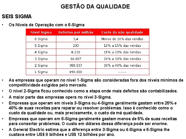 GESTÃO DA QUALIDADE SEIS SIGMA • Os Níveis de Operação com o 6 -Sigma