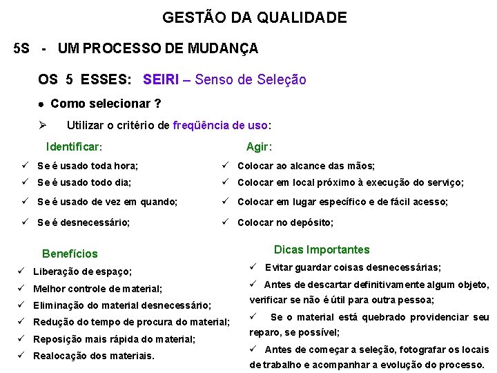 GESTÃO DA QUALIDADE 5 S - UM PROCESSO DE MUDANÇA OS 5 ESSES: SEIRI