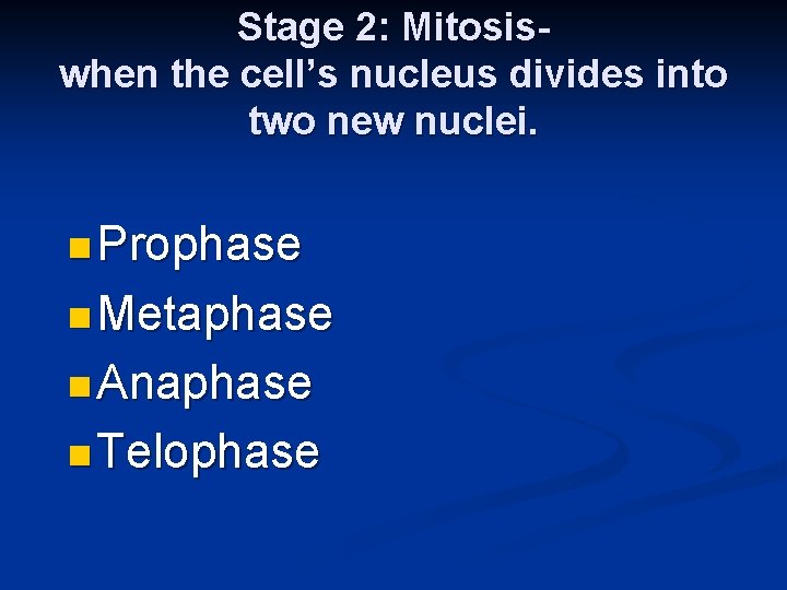 Stage 2: Mitosiswhen the cell’s nucleus divides into two new nuclei. n Prophase n
