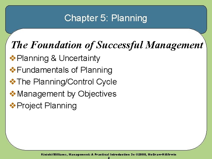 Chapter 5: Planning The Foundation of Successful Management v. Planning & Uncertainty v. Fundamentals