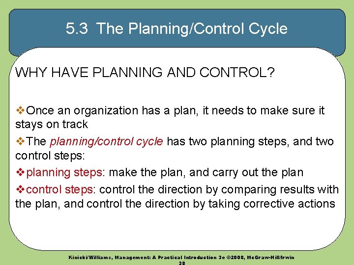 5. 3 The Planning/Control Cycle WHY HAVE PLANNING AND CONTROL? v. Once an organization