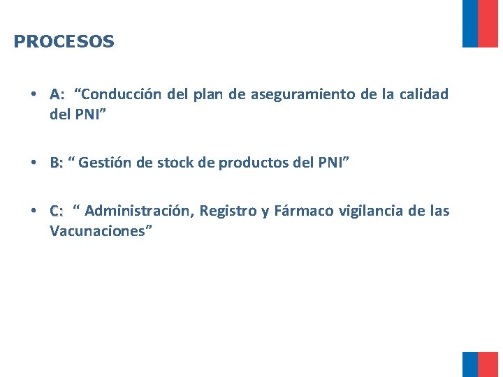 PROCESOS • A: “Conducción del plan de aseguramiento de la calidad del PNI” • PROCESOS • A: “Conducción del plan de aseguramiento de la calidad del PNI” •