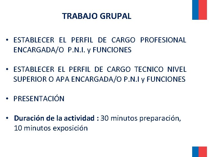 TRABAJO GRUPAL • ESTABLECER EL PERFIL DE CARGO PROFESIONAL ENCARGADA/O P. N. I. y TRABAJO GRUPAL • ESTABLECER EL PERFIL DE CARGO PROFESIONAL ENCARGADA/O P. N. I. y
